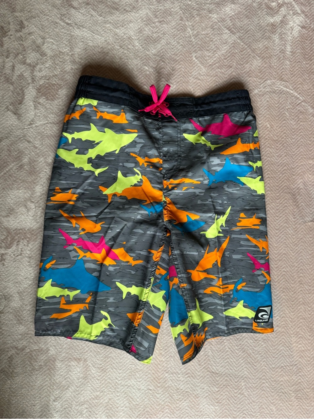 New Laguna Boys Shark-Print Swim Shorts - Gray with Neon Sharks - size L